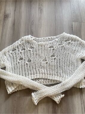 ROMWE Cream Open-Knit Cropped Sweater Top